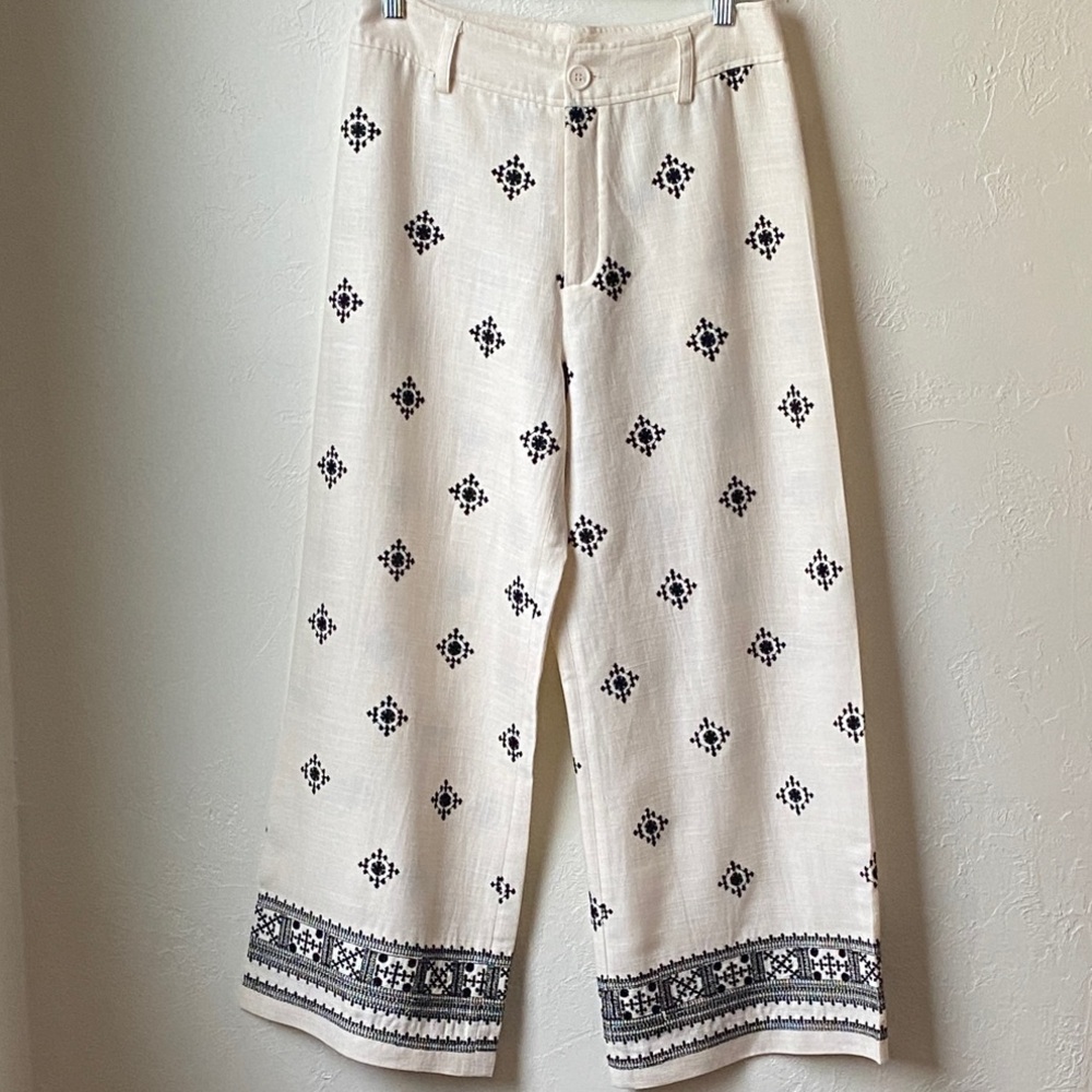 Elie Tahari Cream Black Embroidered Cropped Wide Leg Pants Size 6